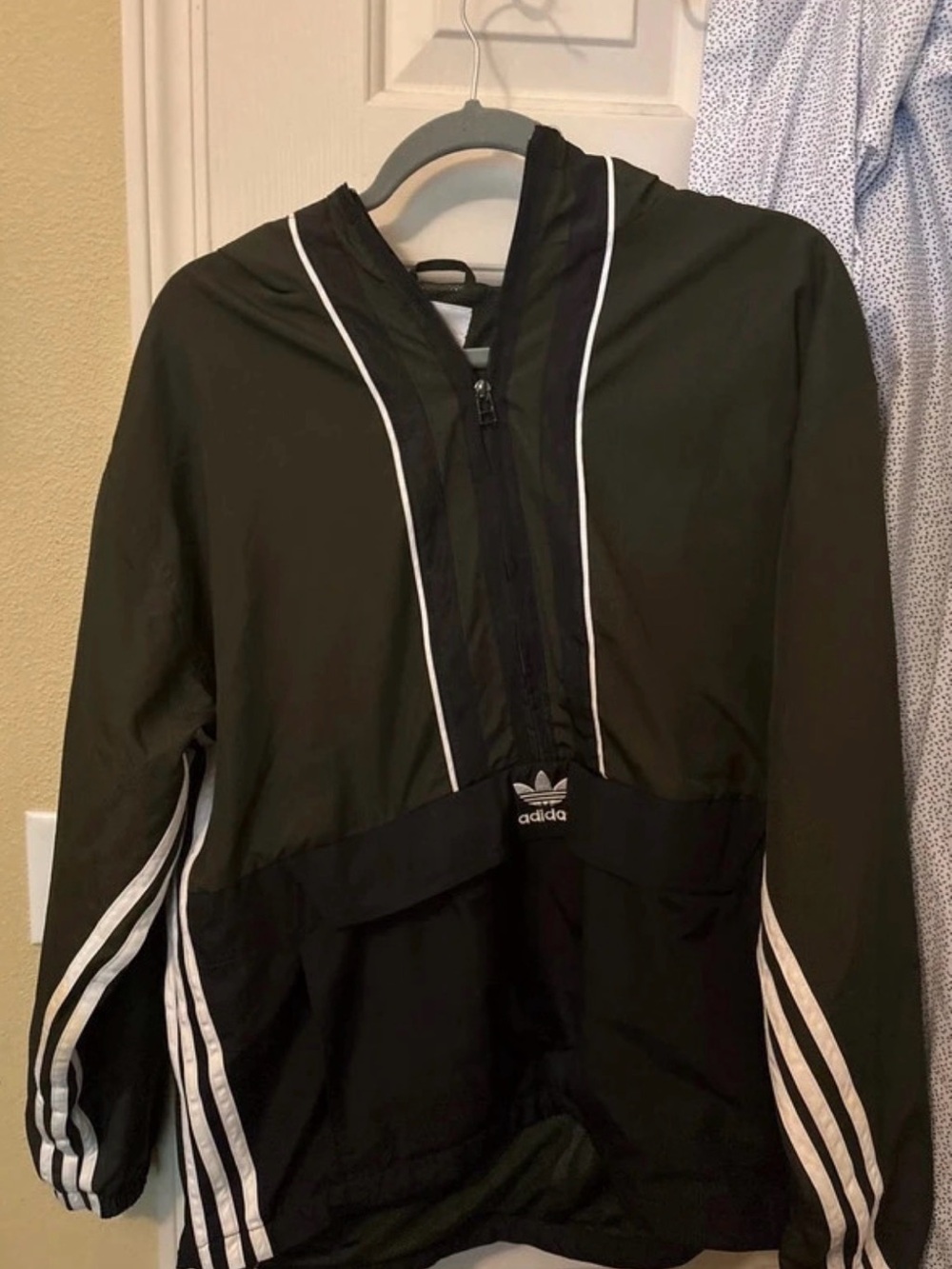 adidas Black Hooded Windbreaker with White Piping and Stripes